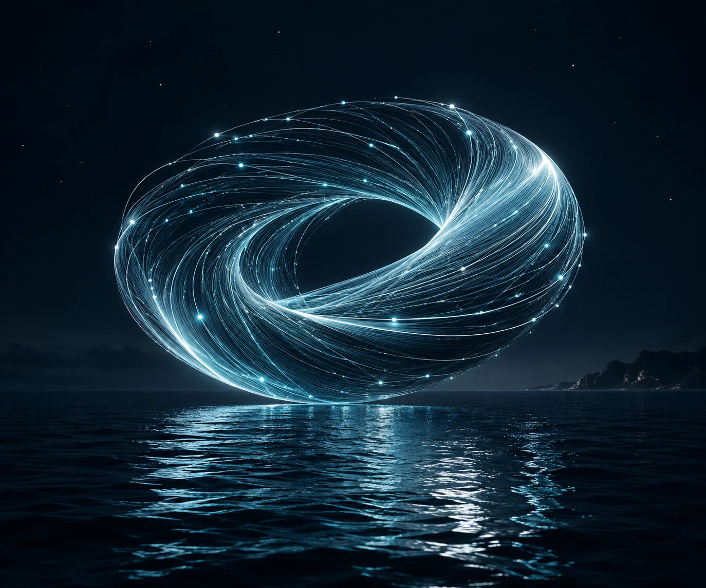 Luminous cyan threads forming a sculptural ring above a calm midnight ocean